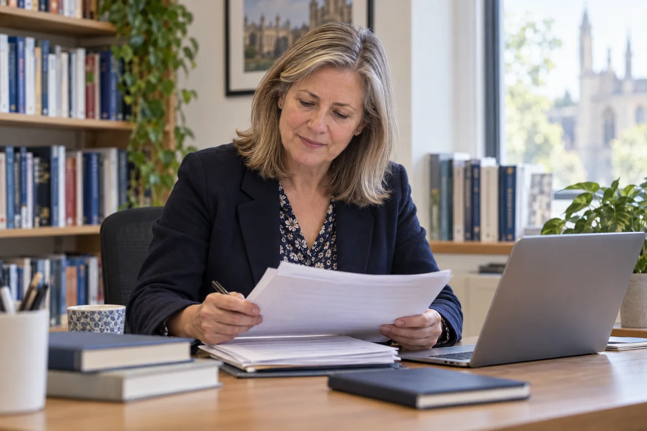 A professor reviewing accreditation materials in an academic office