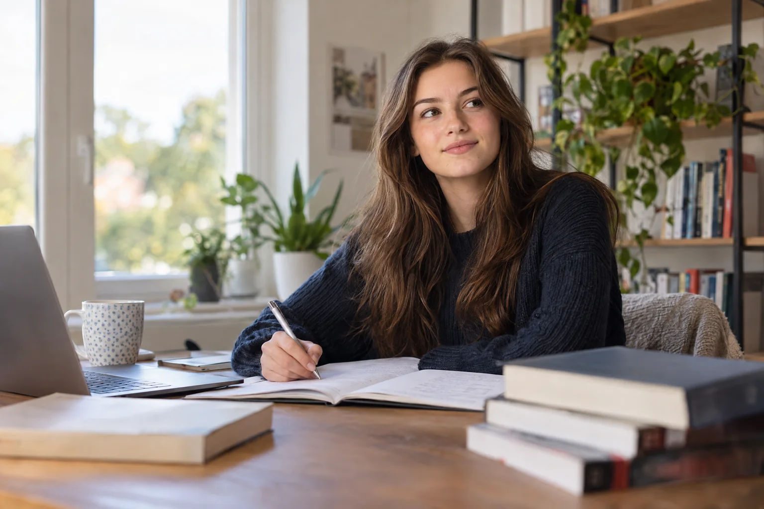 An 18–19-year-old woman studying at a desk for her academic goals